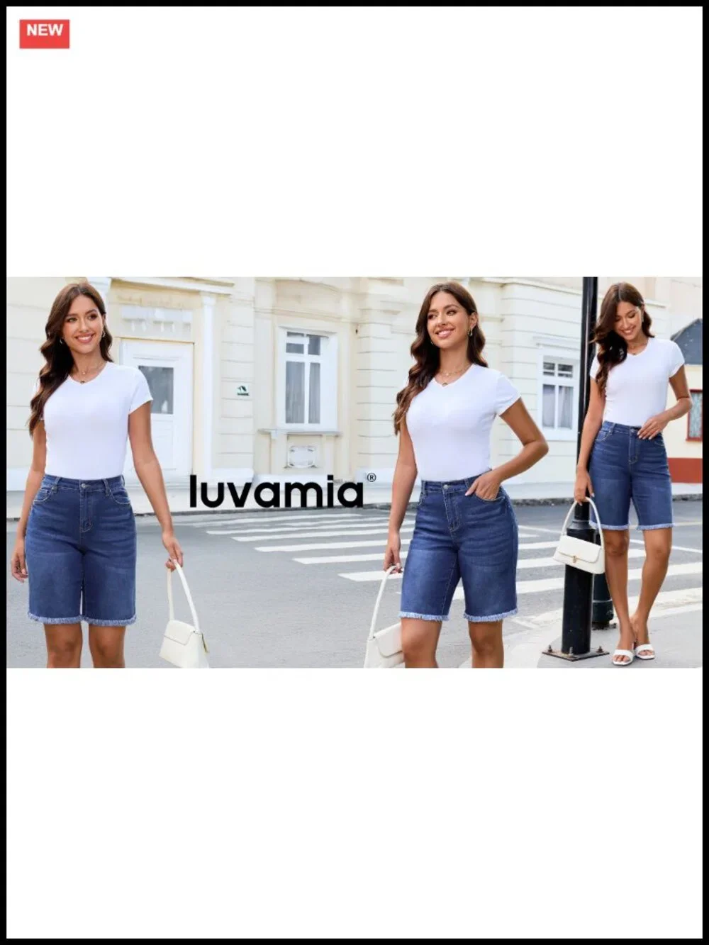 Stretch Denim Bermuda Shorts for Women Mid-Rise Raw Hem Knee Length 10